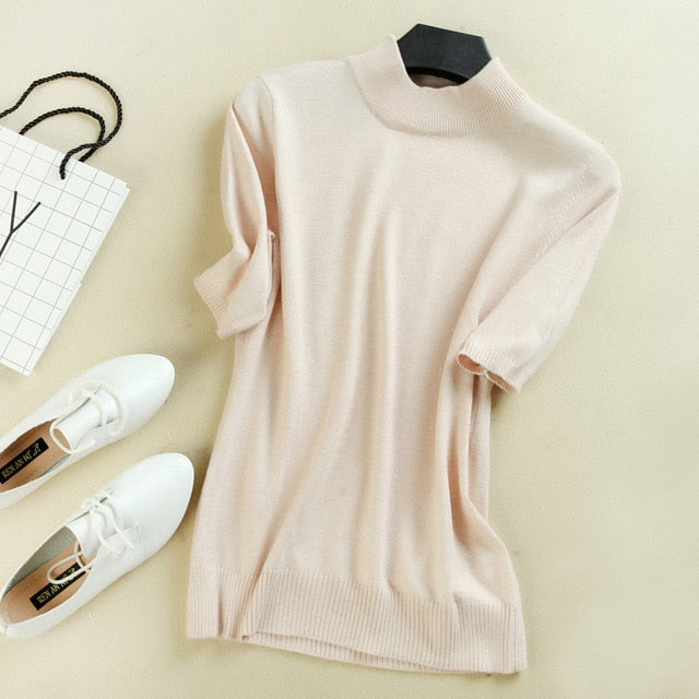 2017 Women's Cashmere Turtleneck Short Sleeve Knitted Pullover Tee Base T Wool Cashmere Brand Sweater Women Jumper