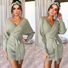 2018 Winter Warm Sweater Dress Women Long Knitted Dress Ladies Thicken Sweater Female V-neck Long Sleeve Knitted Dress With Belt