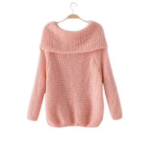 2018 new European and American sweaters word collar shoulder loose wool women pullovers thick hand-woven 69111