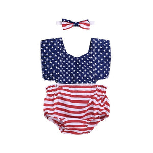 2019 Fashion Infant Baby Girls 4th of July Stars Striped Patriotic Backless Romper Bodysuit Abito in cotone a maniche corte #40