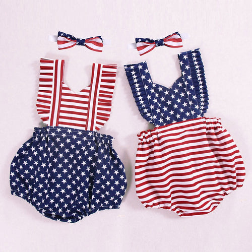 2019 Fashion Infant Baby Girls 4th of July Stars Striped Patriotic Backless Romper Bodysuit Abito in cotone a maniche corte #40