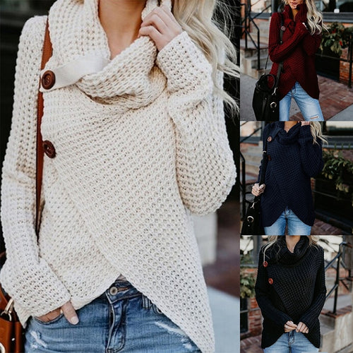 Autumn Winter Women Casual Warm Sweater Long Sleeve Irregular Sweater Female Turtleneck Knitted Sweaters