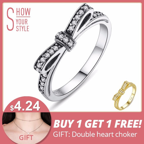 BAMOER HOT 925 Sterling Silver Sparkling Bow Knot Stackable Ring Micro Pave CZ for Women Valentine's Day Gift Jewelry PA7104