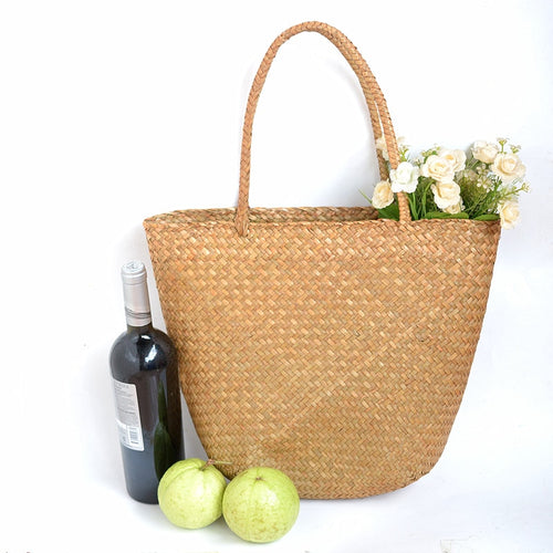 Casual straw bag big tote natural wicker bags women large capacity beach braided handbag for garden handmade woven rattan bags