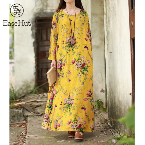 EaseHut 2019 New Vintage Women Maxi Floral Dress Plus Size Long Sleeves Pockets O Neck Cotton Linen Loose Robe Dresses Vestidos