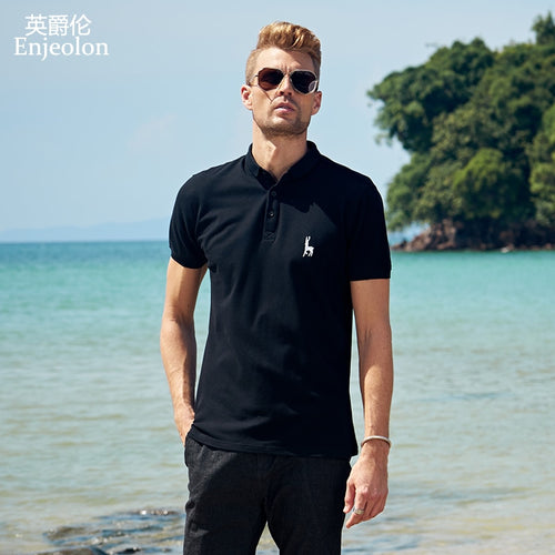 Enjeolon marca hombres casual manga corta polo camisas hombres Inglaterra estilo sólido negro ropa para hombres Tops Tee T8958