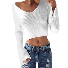 Fashion Casual Women White V-neck Long Sleeve Knitting Crop Top Knitwear Ladies Solid Sweater cardigan