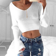 Fashion Casual Women White V-neck Long Sleeve Knitting Crop Top Knitwear Ladies Solid Sweater cardigan