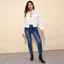 Sheinside White Elegant Hollowed Out Lace Jacket Women 2019 Back Frayed Edge Detail Jackets Ladies Fringe Zip-up Lace Outwear