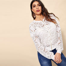 Sheinside White Elegant Hollowed Out Lace Jacket Women 2019 Back Frayed Edge Detail Jackets Ladies Fringe Zip-up Lace Outwear
