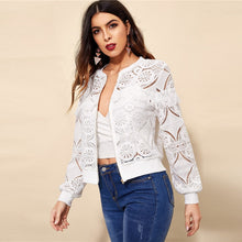 Sheinside White Elegant Hollowed Out Lace Jacket Women 2019 Back Frayed Edge Detail Jackets Ladies Fringe Zip-up Lace Outwear