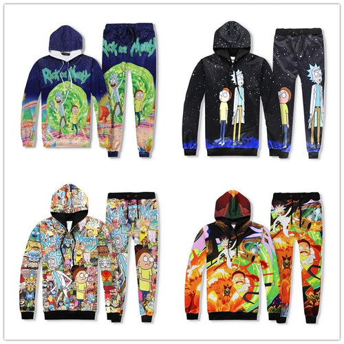 Harajuku Cartoon Rick And Morty 3D Print Sweatshirts Pullover Hoodies Colorful Tracksuit Hooded Tops Pants Sportwear Outfit