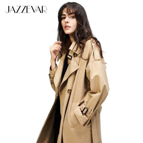 JAZZEVAR 2018 Autumn New Women's Casual trench coat oversize Double Breasted Vintage Washed Outwear Loose Clothing