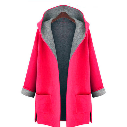 Loose Slimming Solid Long Sleeve Casual Coat Pocket Hooded Woollen Large Size Wide-waisted Open Stitch Woman Wear Trench