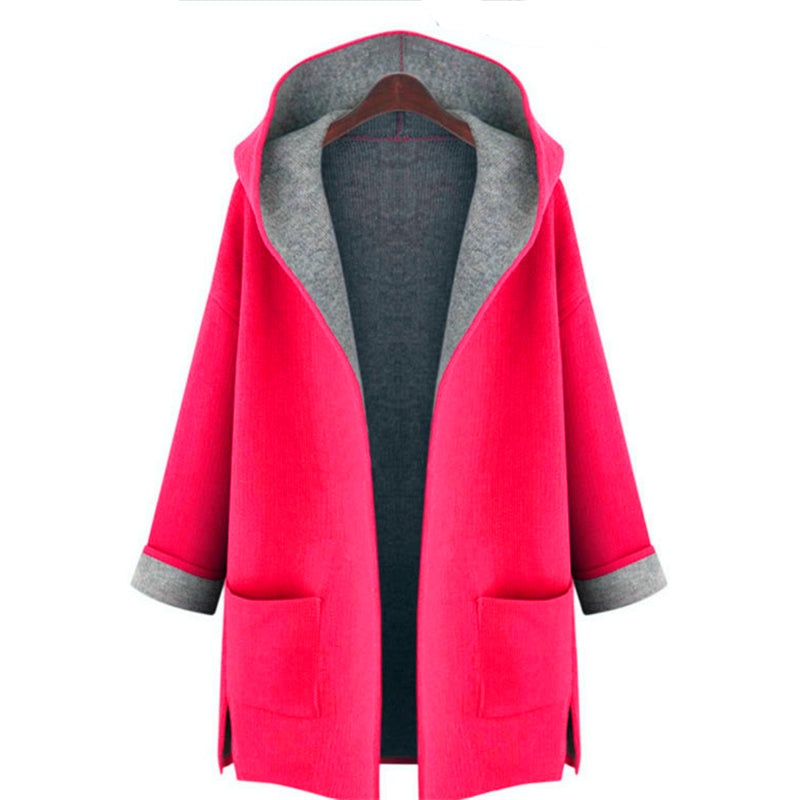Loose Slimming Solid Long Sleeve Casual Coat Pocket Hooded Woollen Large Size Wide-waisted Open Stitch Woman Wear Trench