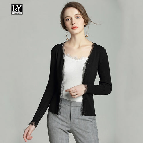 Ly Varey Lin Autumn V Neck Women Knitted Sweater Cardigan Coat Slim Black Lace Patchwork Single Breasted Cotton Female Outerwear