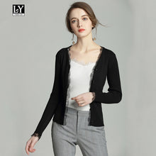 Ly Varey Lin Autumn V Neck Women Knitted Sweater Cardigan Coat Slim Black Lace Patchwork Single Breasted Cotton Female Outerwear