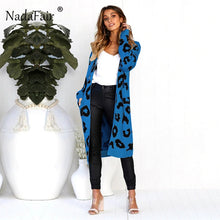 Nadafair leopard print long cardigans winter clothes women open stitch autumn pockets slim casual knitted sweater coat plus size