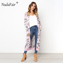 Nadafair leopard print long cardigans winter clothes women open stitch autumn pockets slim casual knitted sweater coat plus size