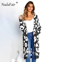 Nadafair leopard print long cardigans winter clothes women open stitch autumn pockets slim casual knitted sweater coat plus size