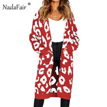 Nadafair leopard print long cardigans winter clothes women open stitch autumn pockets slim casual knitted sweater coat plus size