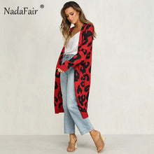 Nadafair leopard print long cardigans winter clothes women open stitch autumn pockets slim casual knitted sweater coat plus size