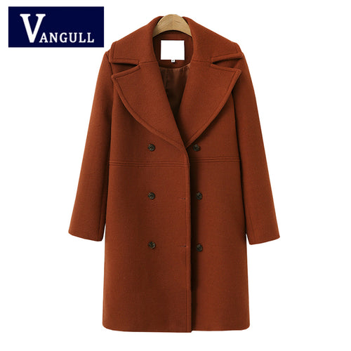 New Winter Vintage Women Long Woolen Coat Autumn Female Elegant Long Jackets 4 Color Pocket Faux Wool Warm Coats VANGULL 2018