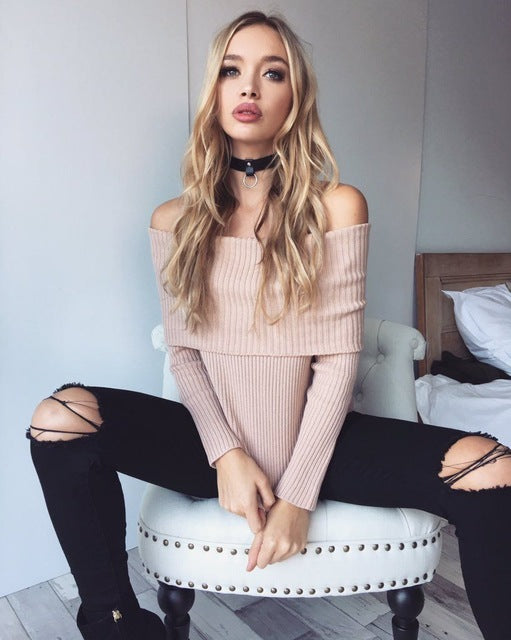 Off Shoulder Knitted Sweater Women 2016 Winter Slim Oversized Sweaters And Pullovers Autumn Pink Jumper Pull Femme A16223