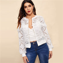 Sheinside White Elegant Hollowed Out Lace Jacket Women 2019 Back Frayed Edge Detail Jackets Ladies Fringe Zip-up Lace Outwear