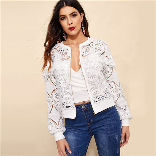 Sheinside White Elegant Hollowed Out Lace Jacket Women 2019 Back Frayed Edge Detail Jackets Ladies Fringe Zip-up Lace Outwear