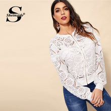 Sheinside White Elegant Hollowed Out Lace Jacket Women 2019 Back Frayed Edge Detail Jackets Ladies Fringe Zip-up Lace Outwear