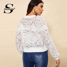Sheinside White Elegant Hollowed Out Lace Jacket Women 2019 Back Frayed Edge Detail Jackets Ladies Fringe Zip-up Lace Outwear