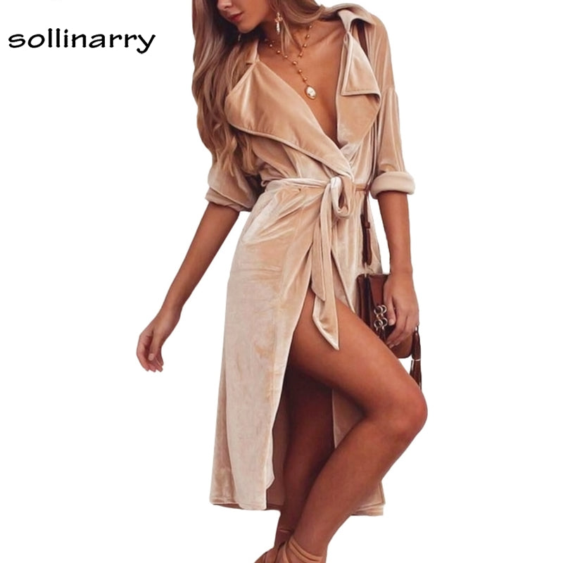 Sollinarry Autumn Winter 2018 Adjustable Waist Outwears Coat High Street Elegant Women Coat Sexy Cardigan Velour Beige Long Coat