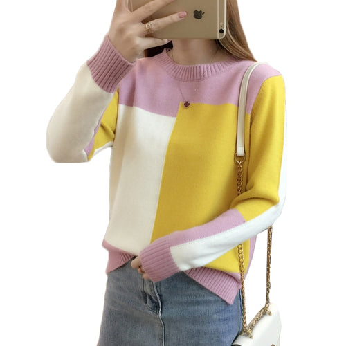 Spring Autumn Women Sweater Pullover 2018 New Fashion Colorblock O-neck Loose Knit Bottom Sweater Large size Women Clothing 230