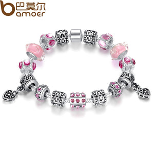 Aliexpress TOP Sell  Silver Charm Bracelet & Bangle for Women With Pink Glass Beads Jewelry PA1393