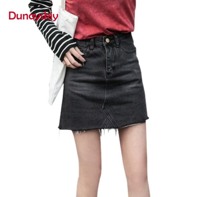 Duanyskiy Women Summer Black Blue Solid Casual High Waist Pencil Denim Skirts